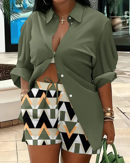 2025 Spring Autumn Casual Woman Sets Fashion Shirt Printed Button Shirt&Shorts Streetwear Shorts Pant Outfit Suit Two Piece Set