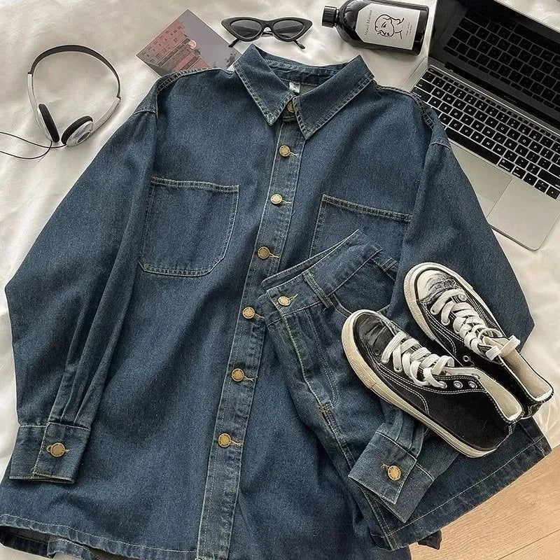Y2K Denim Skirt Set: Vintage Japanese Style Button Jacket & Cute Mini Skirt, 2-Piece Suit