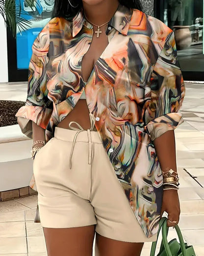 2025 Spring Autumn Casual Woman Sets Fashion Shirt Printed Button Shirt&Shorts Streetwear Shorts Pant Outfit Suit Two Piece Set
