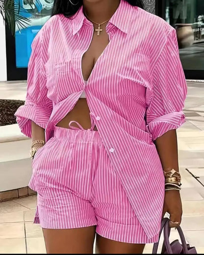 2025 Spring Autumn Casual Woman Sets Fashion Shirt Printed Button Shirt&Shorts Streetwear Shorts Pant Outfit Suit Two Piece Set