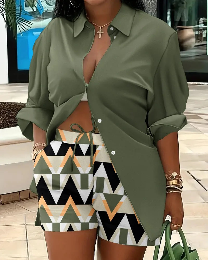 2025 Spring Autumn Casual Woman Sets Fashion Shirt Printed Button Shirt&Shorts Streetwear Shorts Pant Outfit Suit Two Piece Set