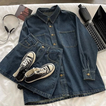 Y2K Denim Skirt Set: Vintage Japanese Style Button Jacket & Cute Mini Skirt, 2-Piece Suit