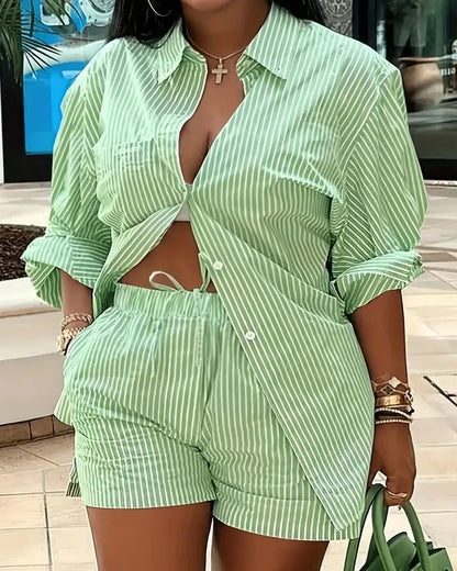 2025 Spring Autumn Casual Woman Sets Fashion Shirt Printed Button Shirt&Shorts Streetwear Shorts Pant Outfit Suit Two Piece Set