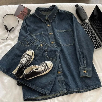 Y2K Denim Skirt Set: Vintage Japanese Style Button Jacket & Cute Mini Skirt, 2-Piece Suit